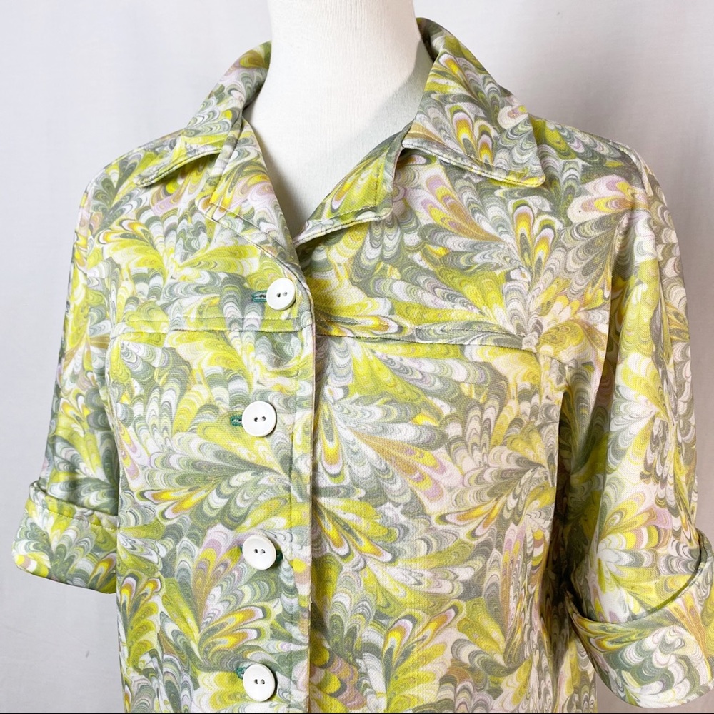 Vintage 70s Psychedelic Green Marble Print Button Up Camp Shirt Top Med - Picture 2 of 7